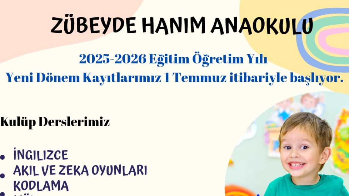 2025-2026 Eğitim-Öğretim yılı kayıtlarımız 1 Temmuz 2025 tarihinde başlayacaktır. Kayıt yaptırmak isteyen veliler okula gelerek ön kayıt formunu doldurmaları gerekmektedir.